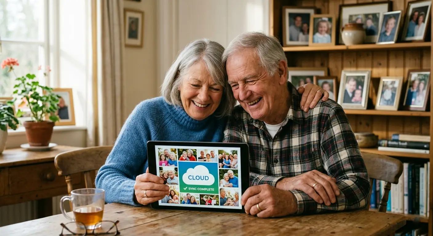 Senior woman looking at family photos on her smartphone