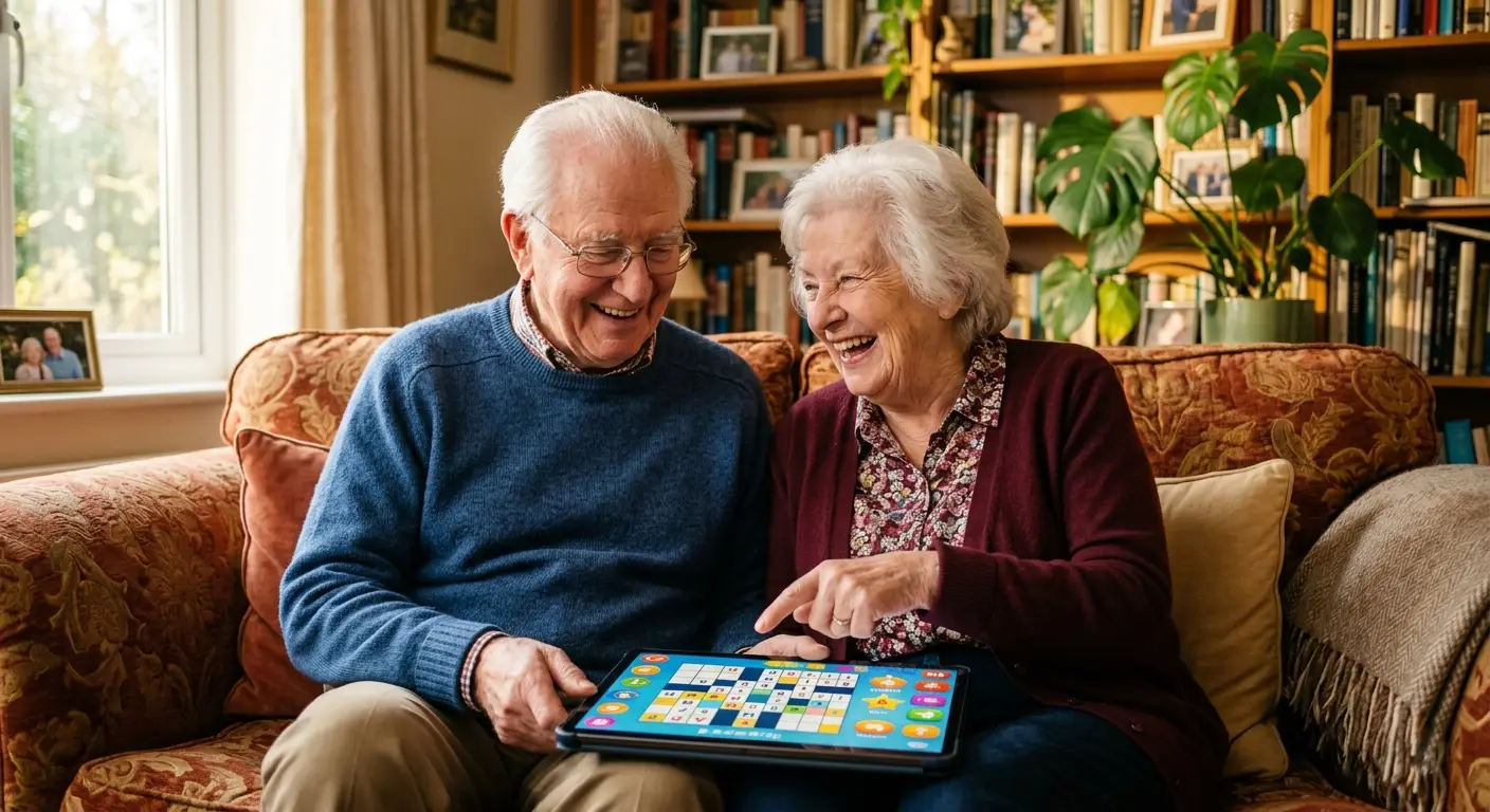 Senior woman enjoying brain games on a tablet, smiling