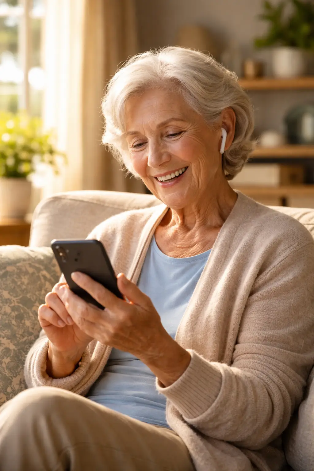 Senior adjusting accessibility hearing settings on smartphone