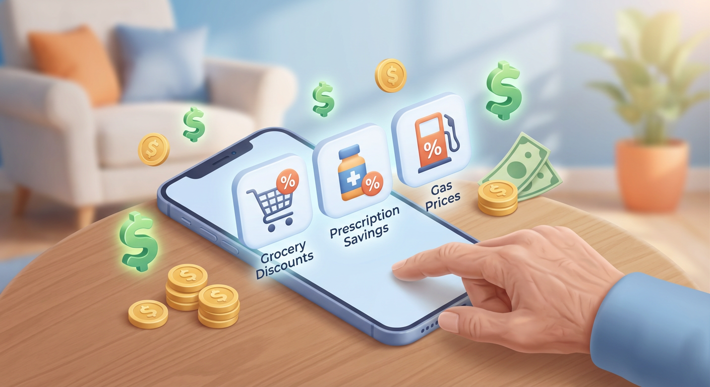 Digital shield protecting a phone and icons representing savings