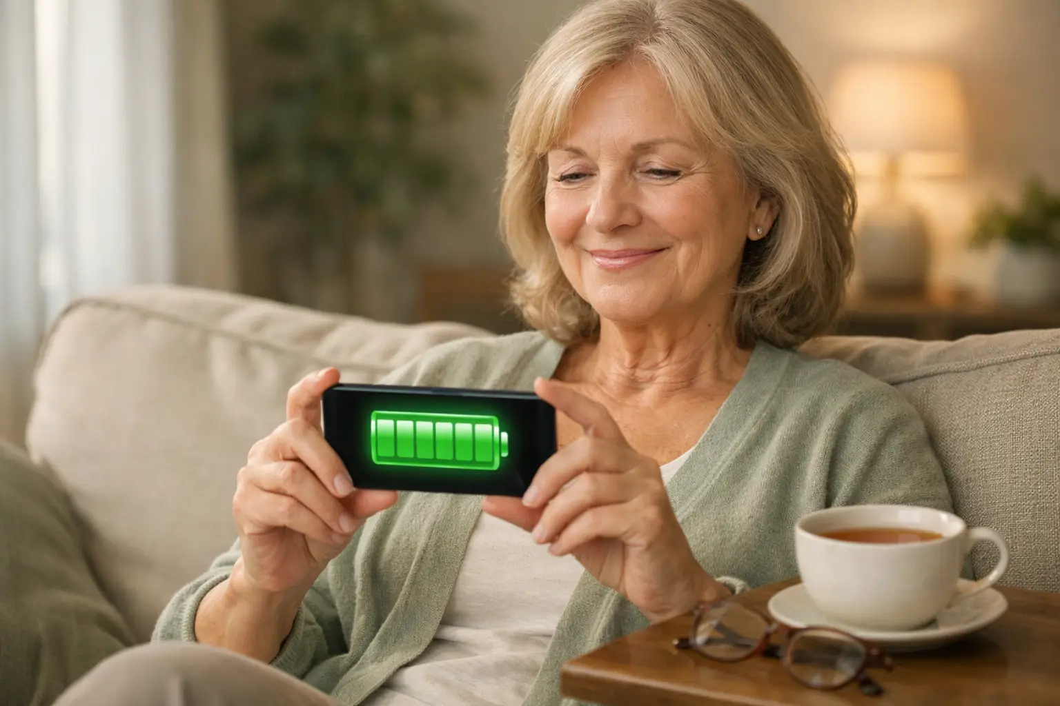 Smartphone screen showing a full green battery icon with saving tips