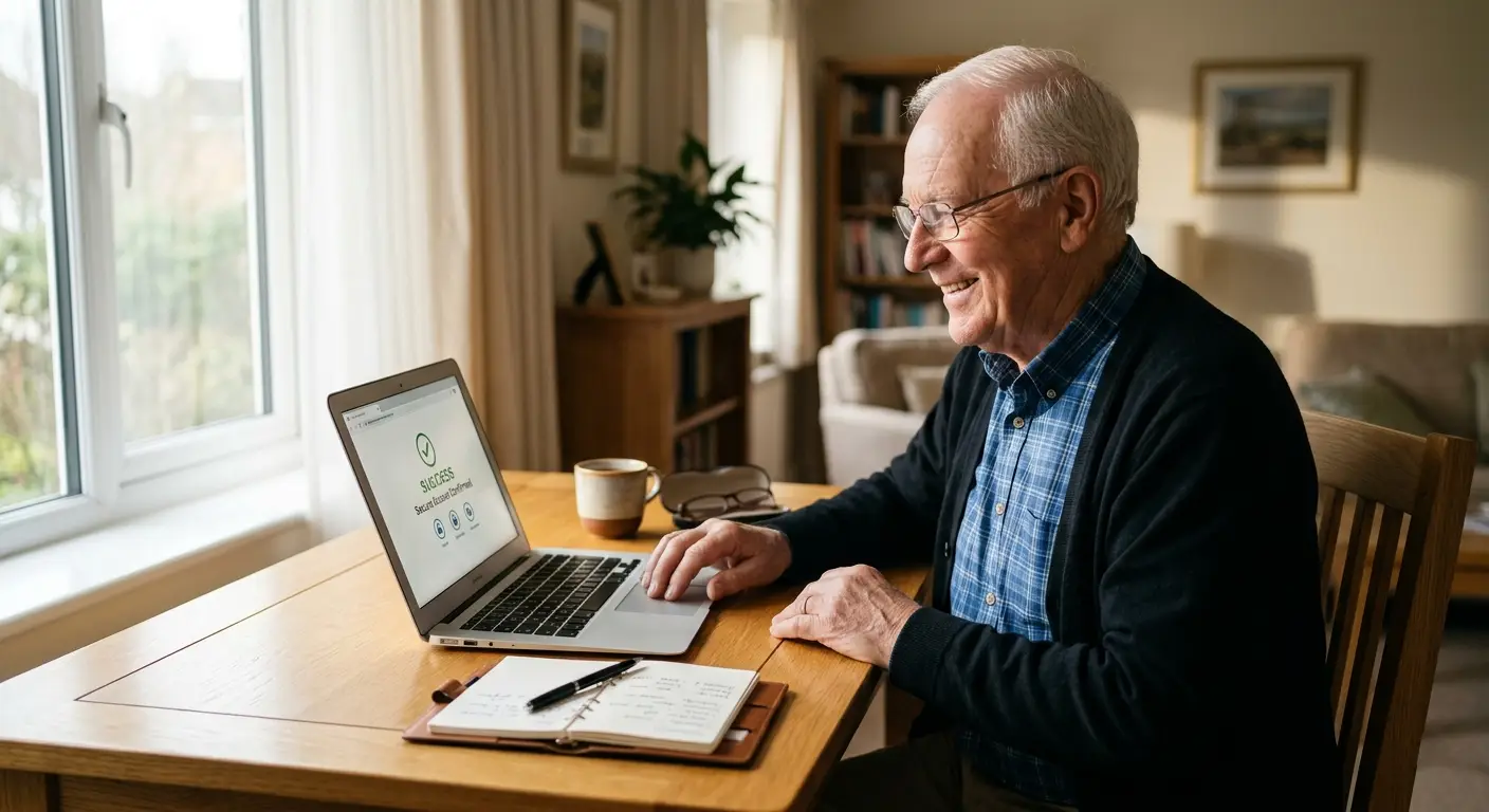 Senior man frustrated trying to remember a password on laptop