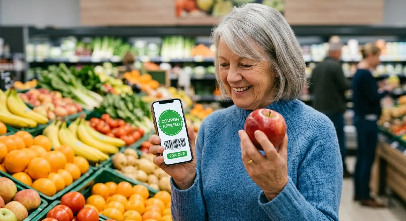 Senior woman smiling while saving money on groceries with her phone