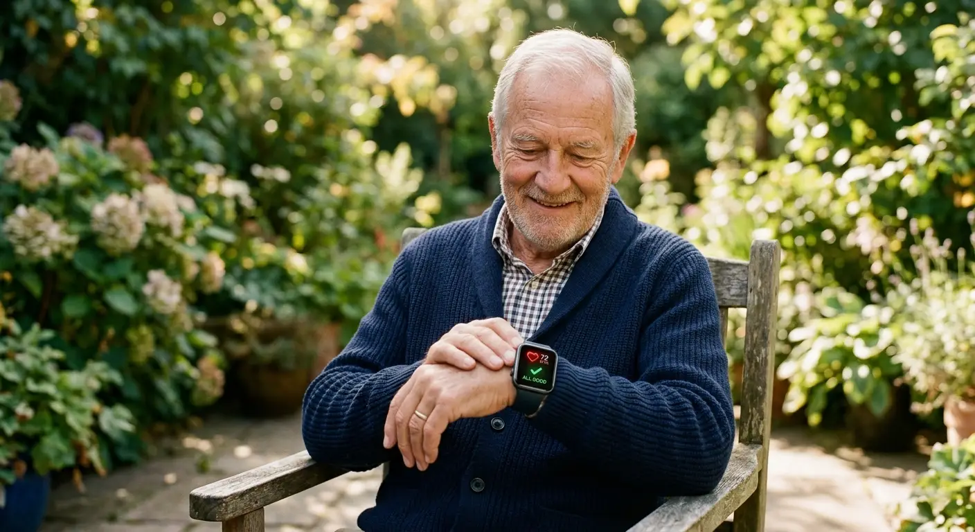 Senior man checking health data on a smartwatch
